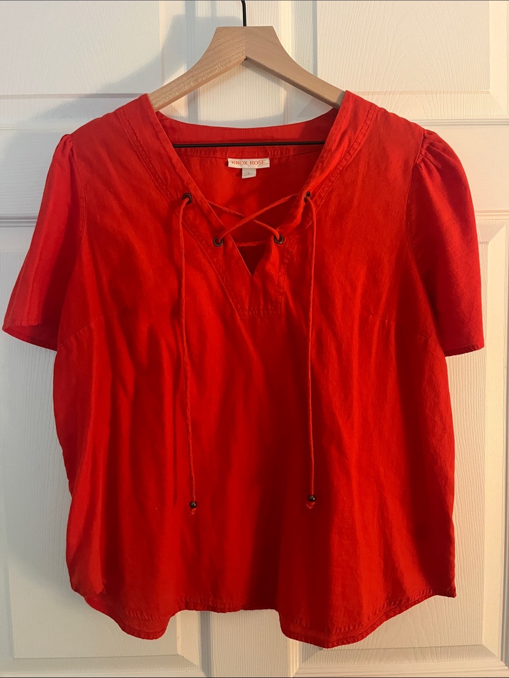 Knox Rose Bright Red Lace-Up V-Neck Short Sleeve Top
